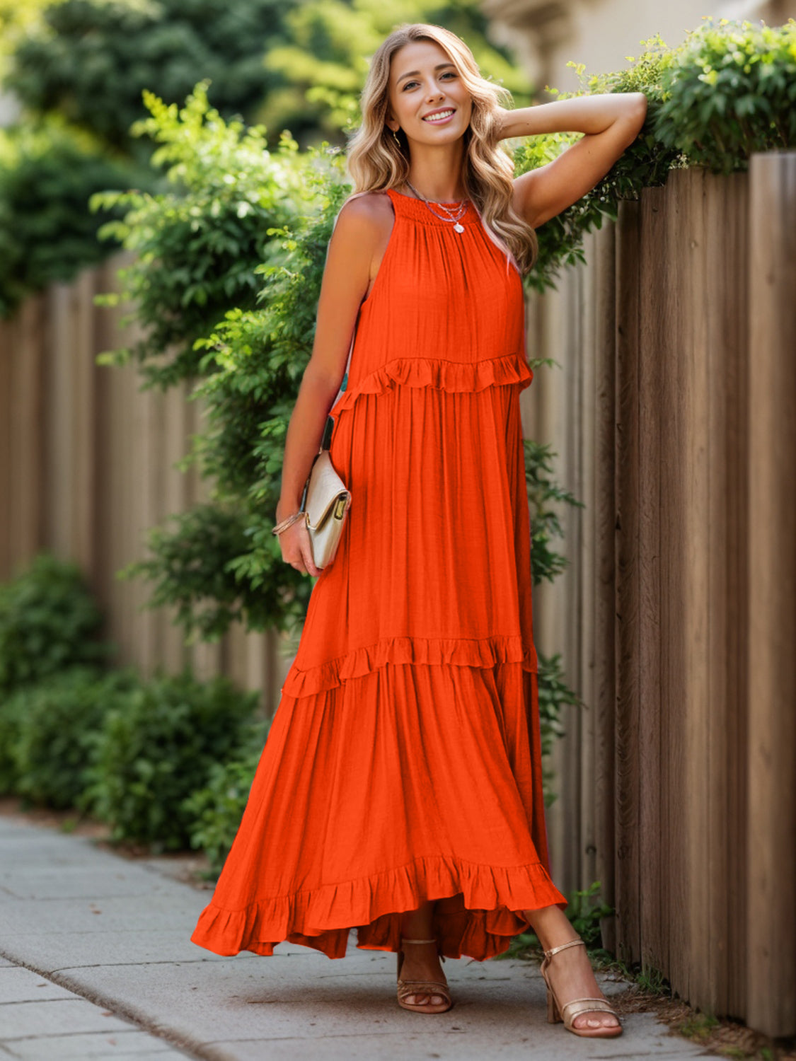 Ruffled Sleeveless Tiered Maxi Dress with Pockets - ThingsWeUseAndLove 