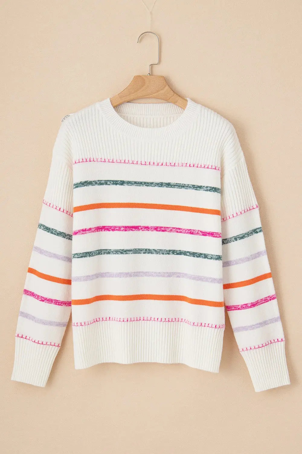 Sadie Striped Round Neck Dropped Shoulder Sweater - ThingsWeUseAndLove 