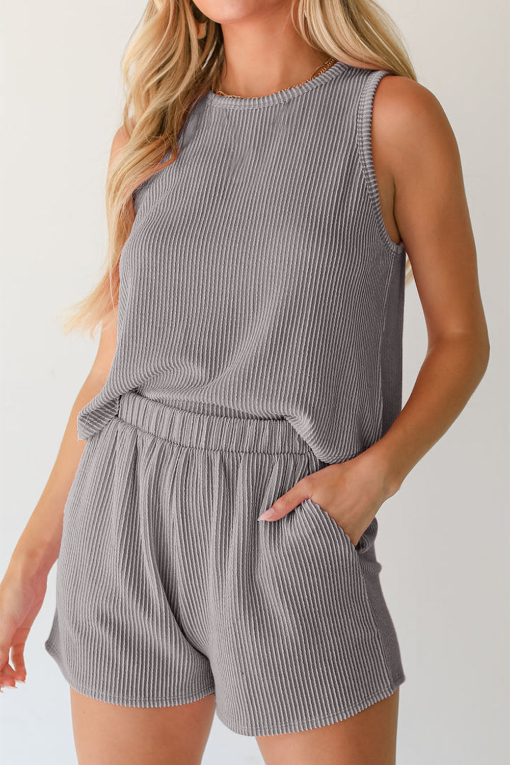 Smoke Gray Corded Sleeveless Top and Pocketed Shorts Set - ThingsWeUseAndLove 