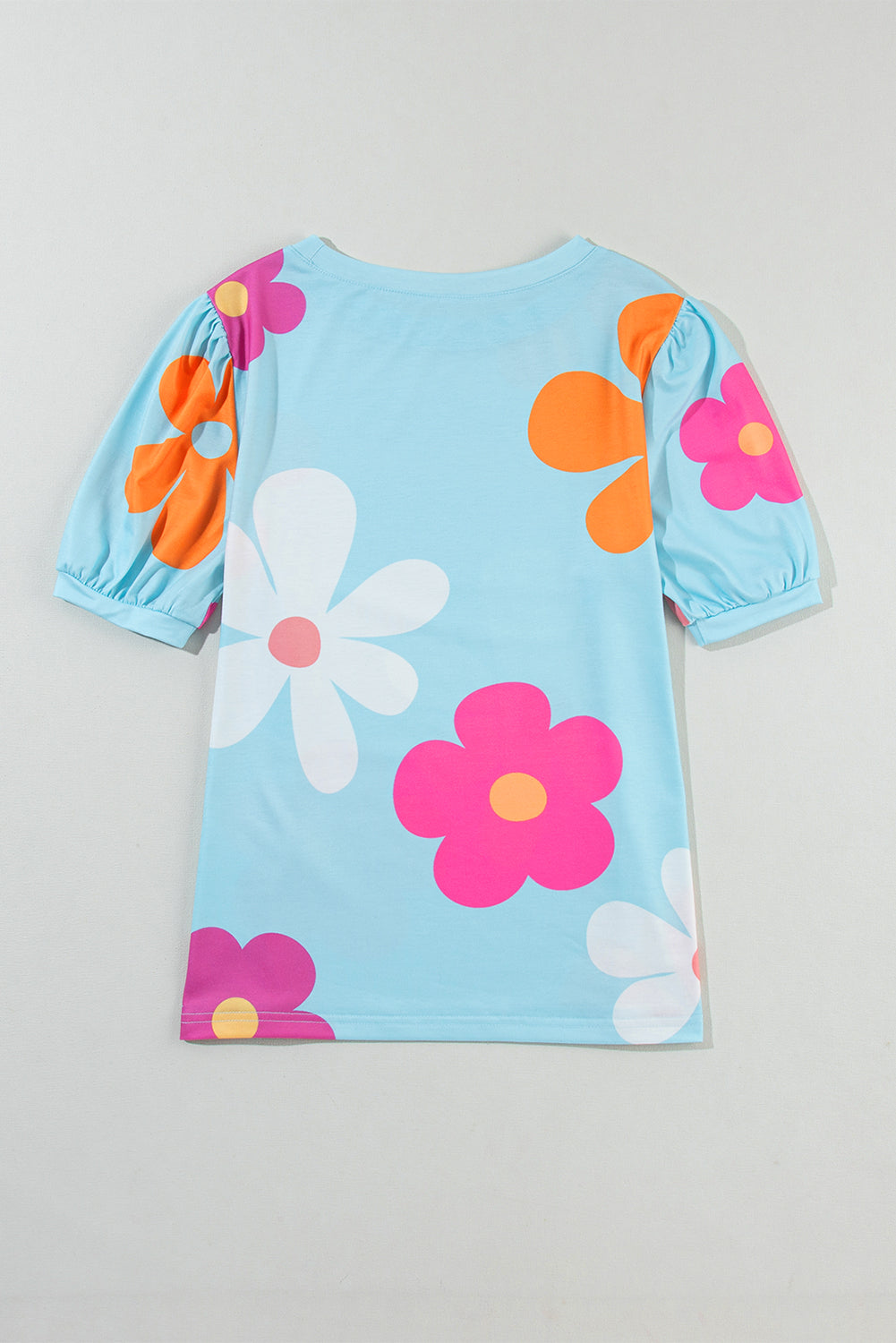 Sky Blue Flower Print Bubble Sleeve Tee - ThingsWeUseAndLove 