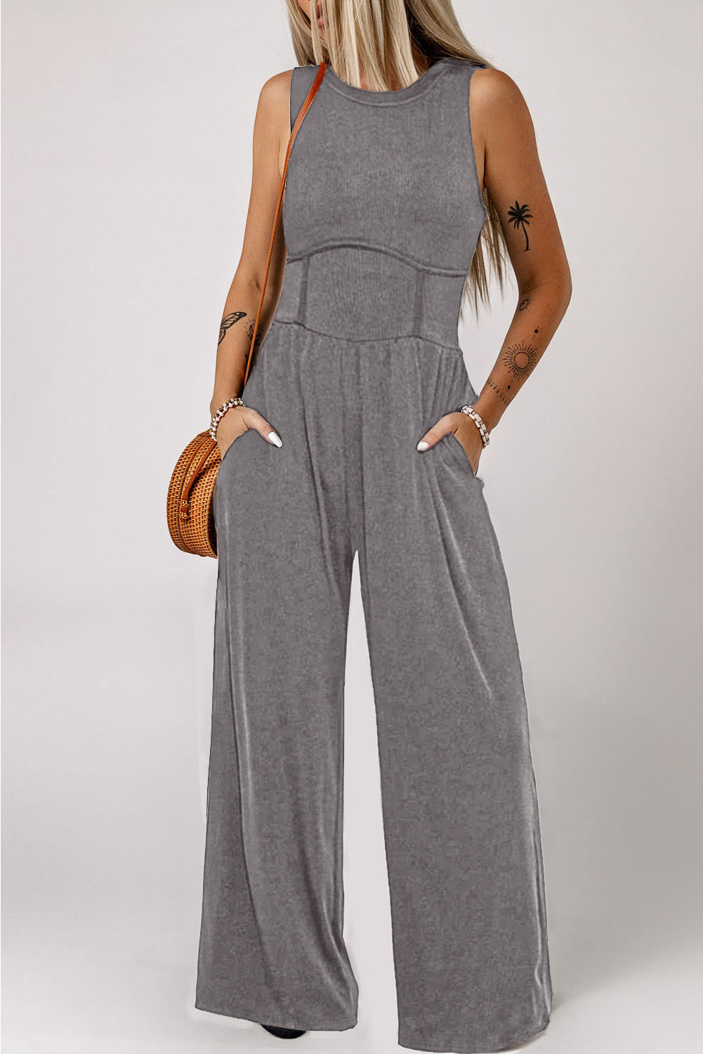 Blackish Green Sleeveless High Waist Wide Leg Jumpsuit - ThingsWeUseAndLove 