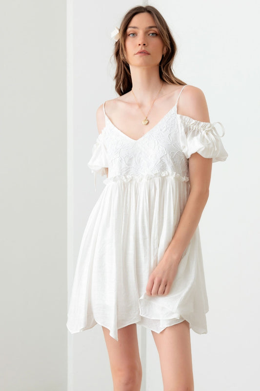 Embroidered Floral Shirred Cold Shoulder Mini Dress - ThingsWeUseAndLove White-L