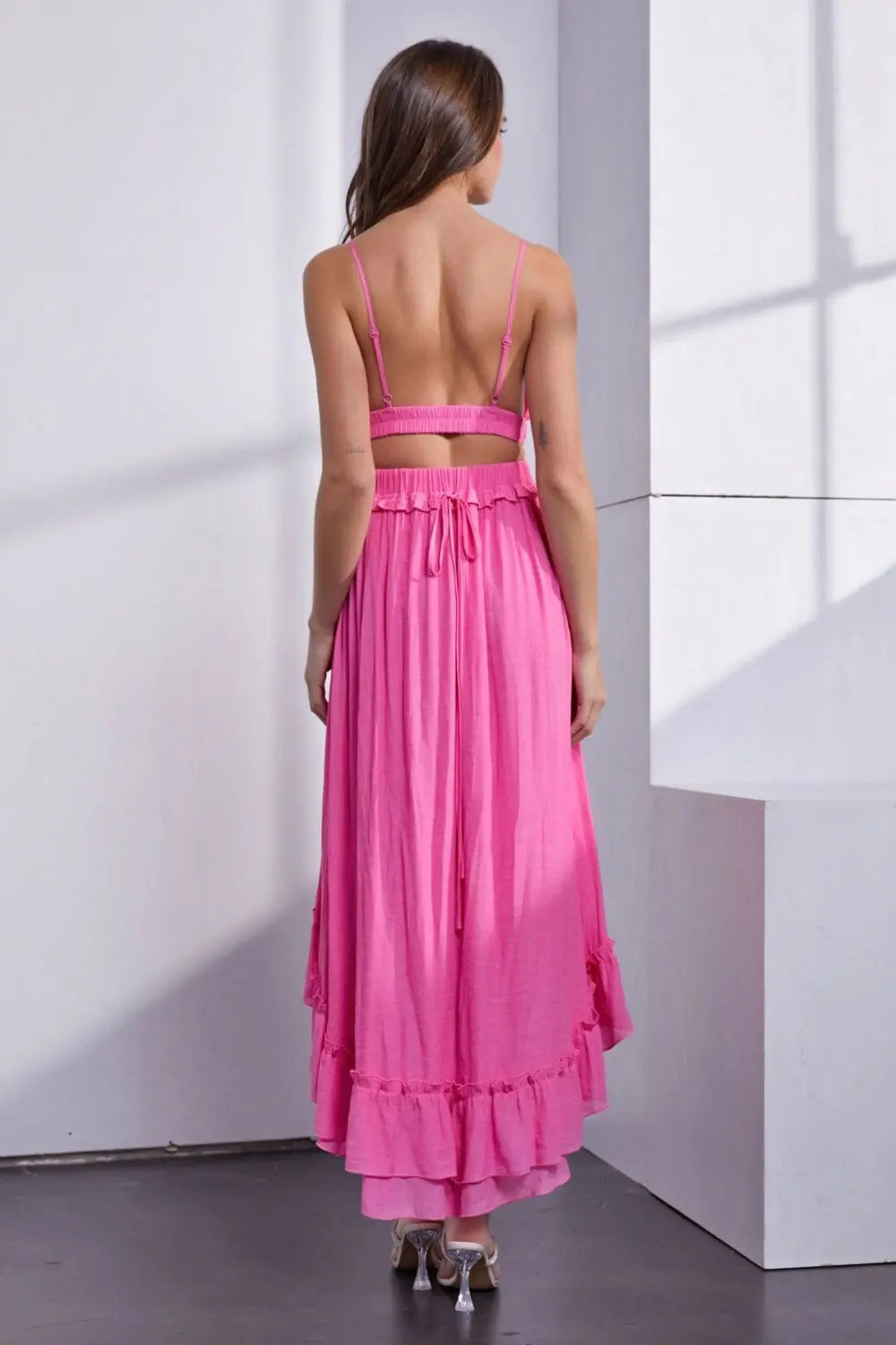 Goldie Mustard Seed Asymmetric Ruffle Open Back Cutout Cami Dress - ThingsWeUseAndLove 