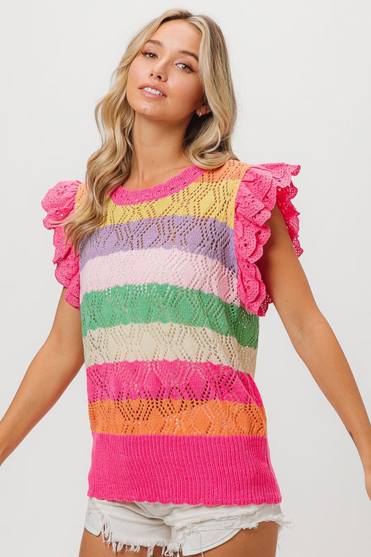 Rainbow  Striped Ruffled Knit Top - ThingsWeUseAndLove 