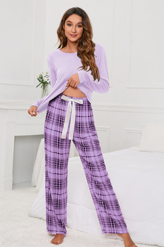 Lace Round Neck Long Sleeve Top and Bow Plaid Pants Lounge Set - ThingsWeUseAndLove Lavender-XL