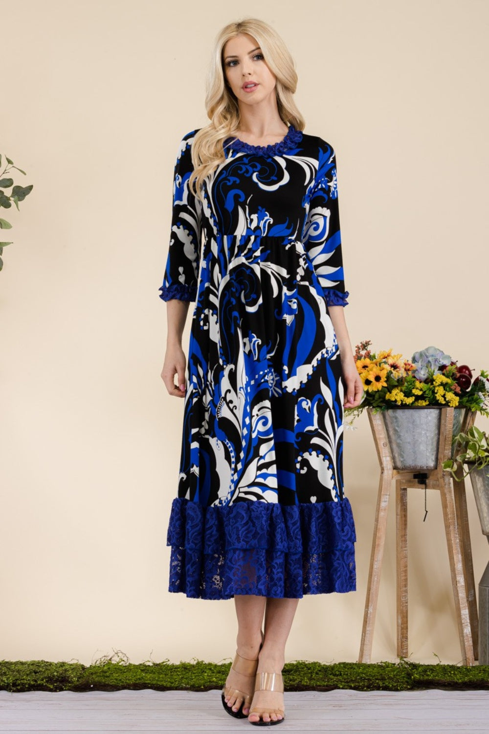 Paisley Print Lace Ruffled Midi Dress - ThingsWeUseAndLove 