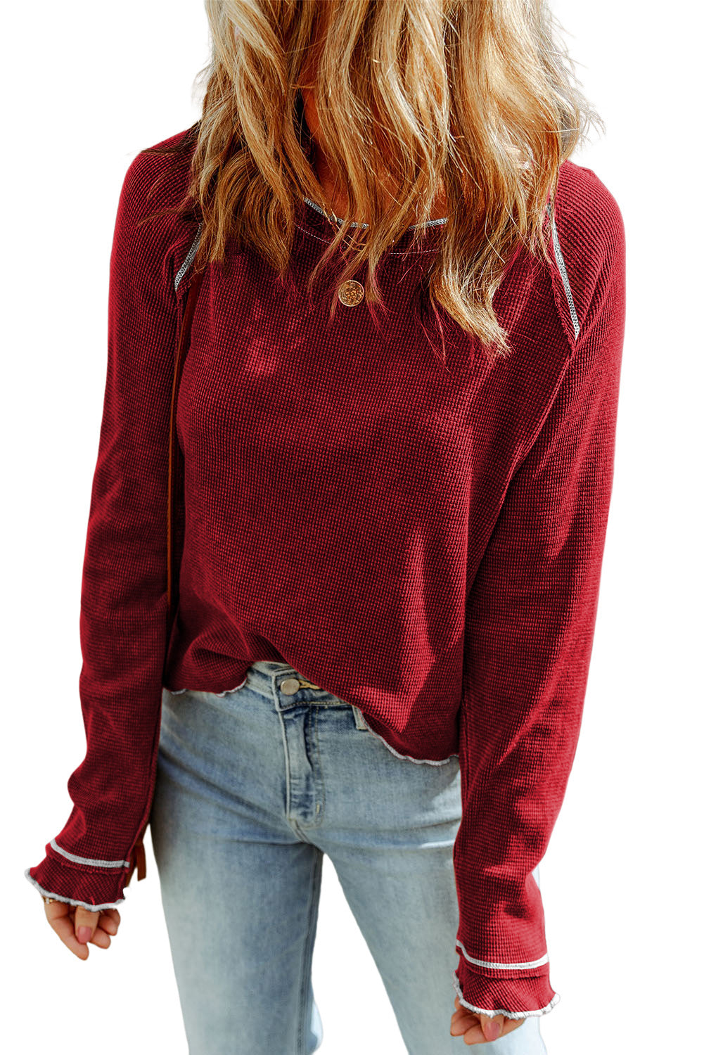 Exposed Seam Textured Pullover Long Sleeve Top - ThingsWeUseAndLove 