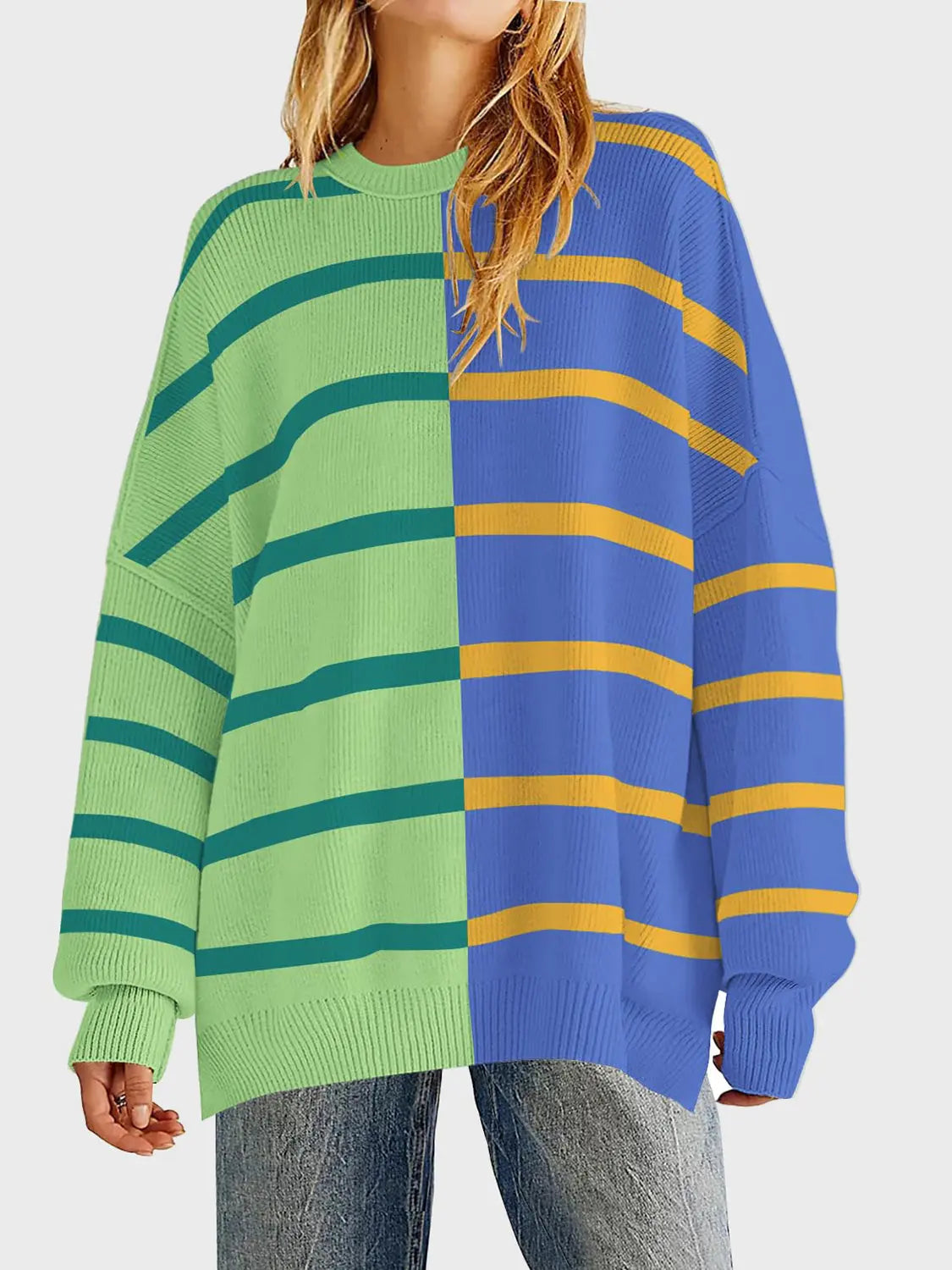 Long Sleeve Striped Round Neck Sweater - ThingsWeUseAndLove Green-2XL