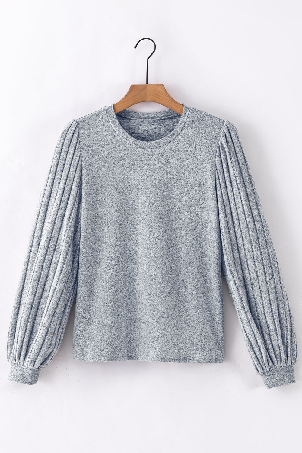 Gray Solid Color Contrast Ribbed Bishop Sleeve Top - ThingsWeUseAndLove 