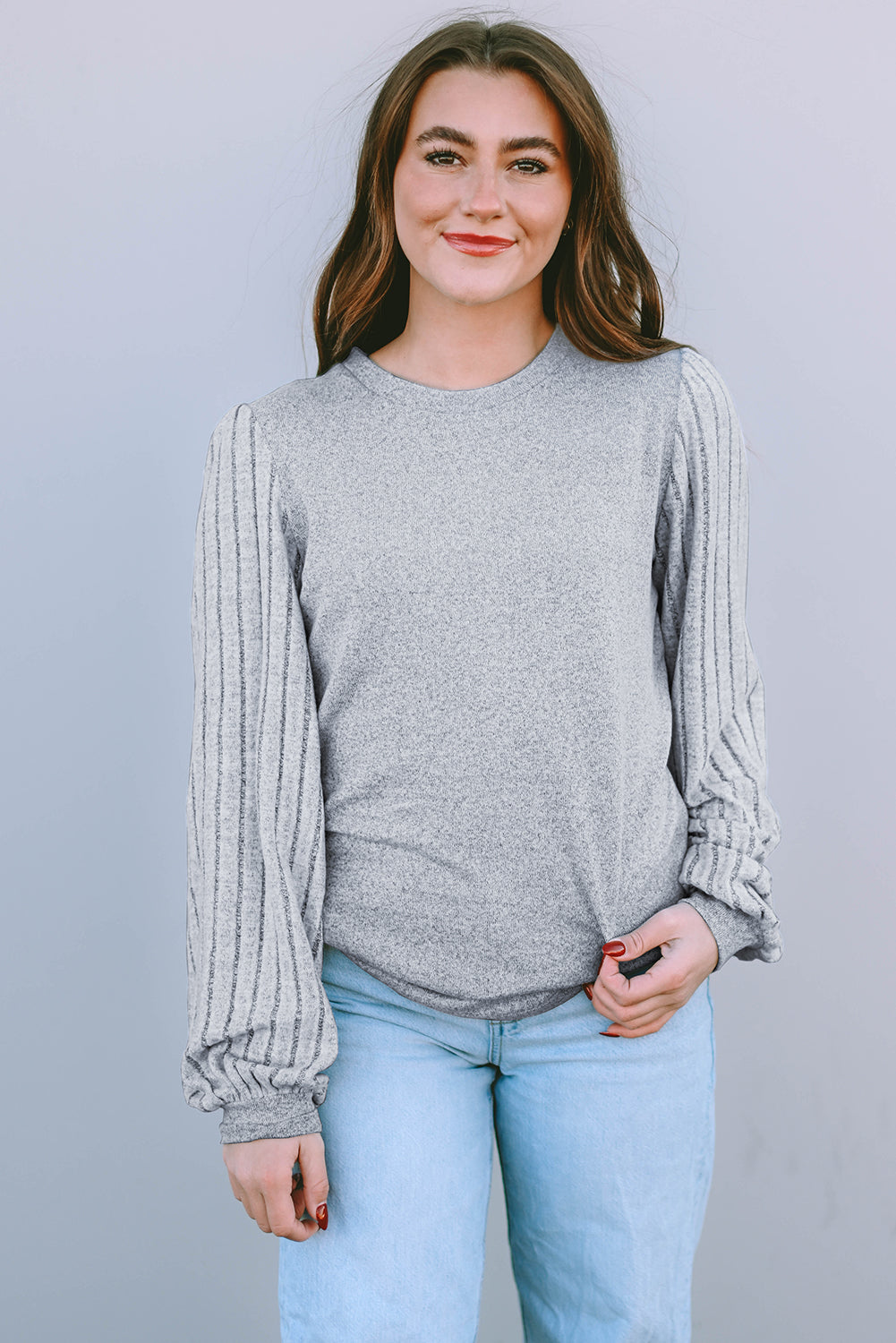 Gray Solid Color Contrast Ribbed Bishop Sleeve Top - ThingsWeUseAndLove 