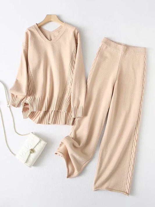 V-Neck Long Sleeve Top and Pants Sweater Set