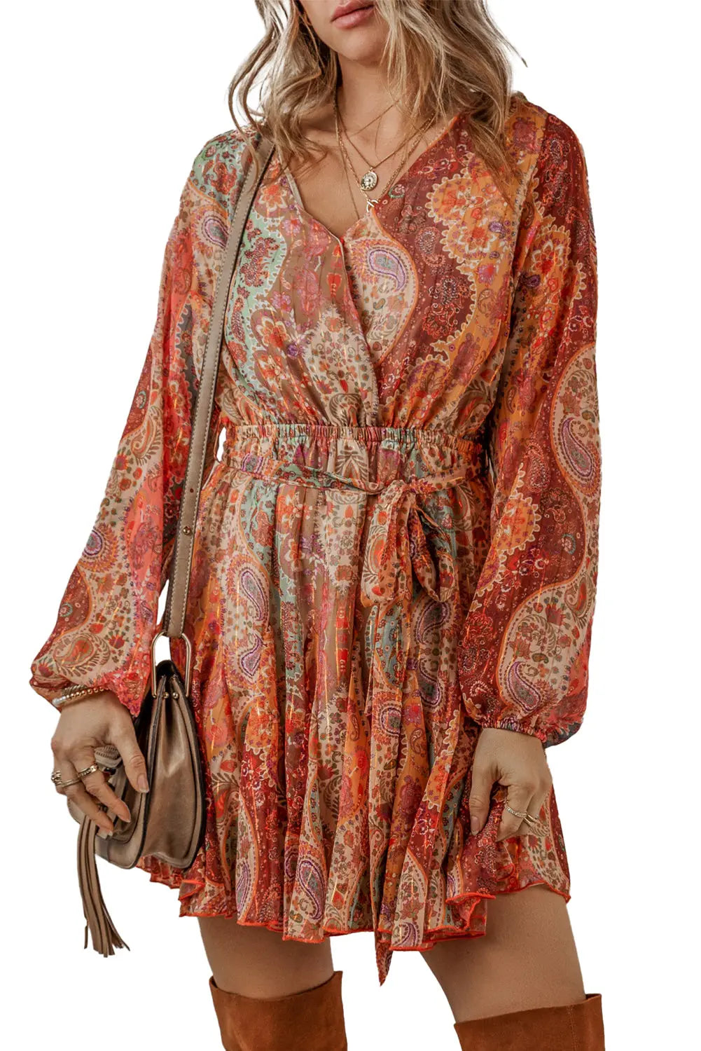 Orange Boho Paisley Print Long Sleeve Pleated Belted Mini Dress - ThingsWeUseAndLove 