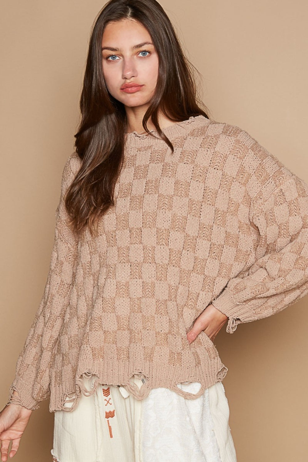 Checkered Distressed Edge Sweater - ThingsWeUseAndLove Mocha-Beige-L