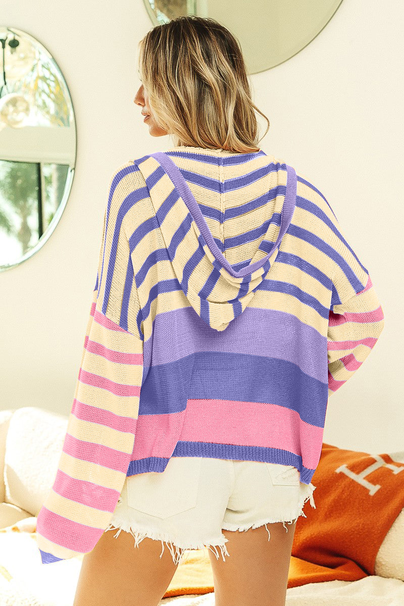 BiBi Striped Color Block  Hooded Knit Top - ThingsWeUseAndLove 