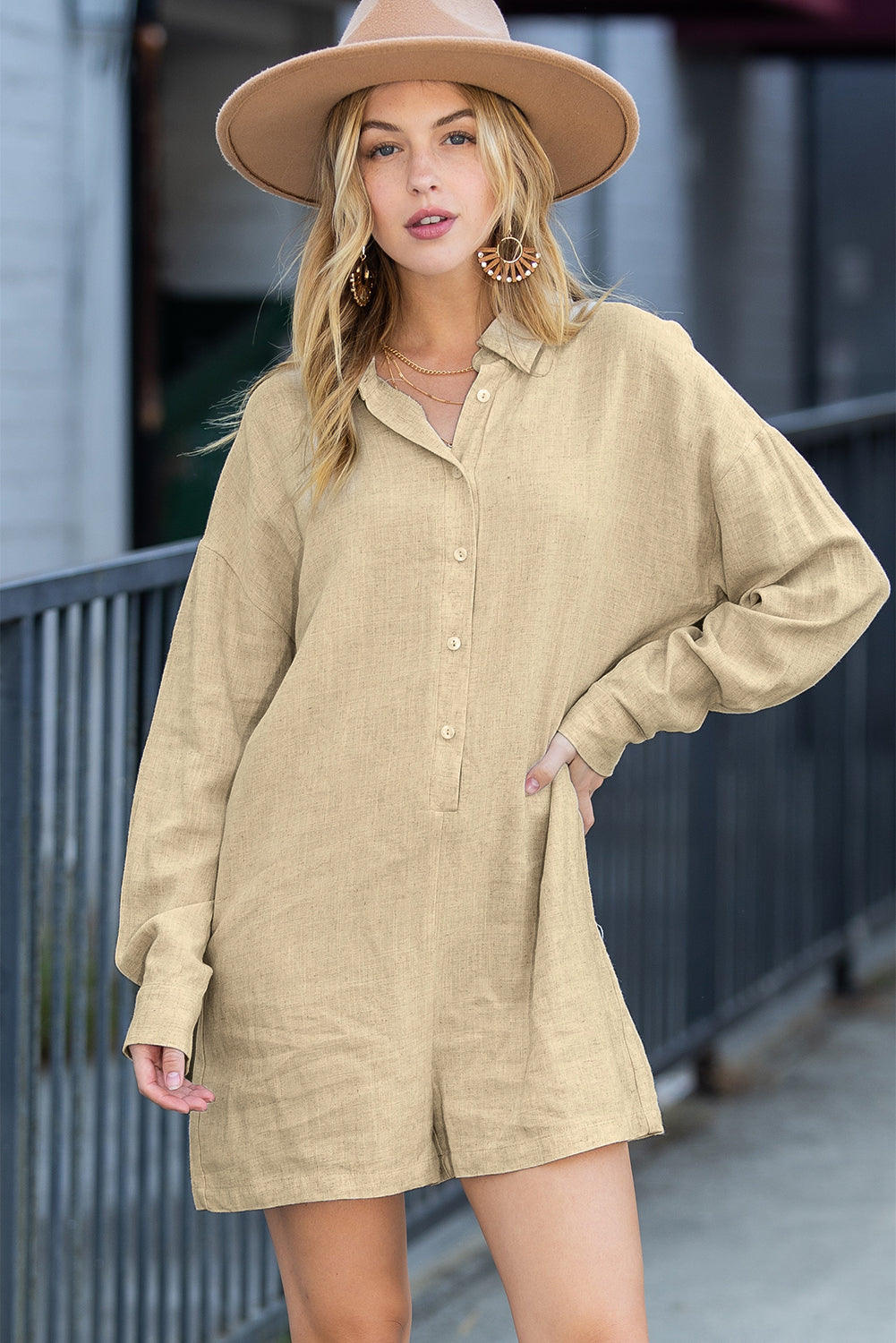 Beige Solid Color Half Buttoned Shirt Romper - ThingsWeUseAndLove Beige-XL