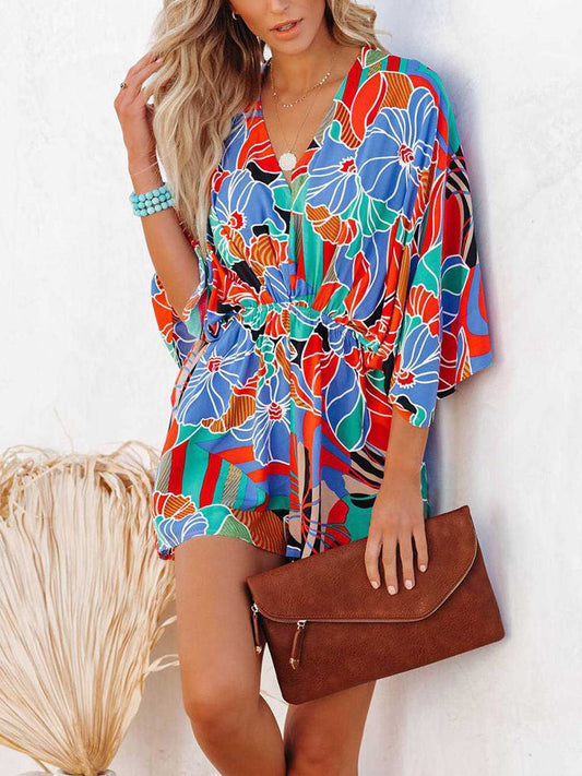 City Girl Tied Printed Kimono Sleeve Romper - ThingsWeUseAndLove 