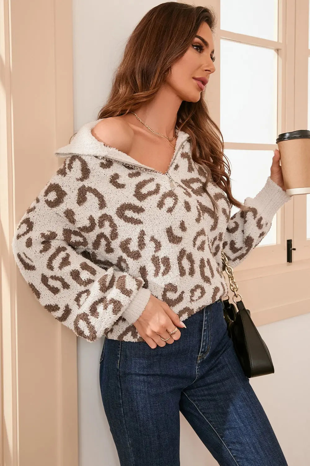 Long Sleeve Leopard Half Zip Sweater - ThingsWeUseAndLove 