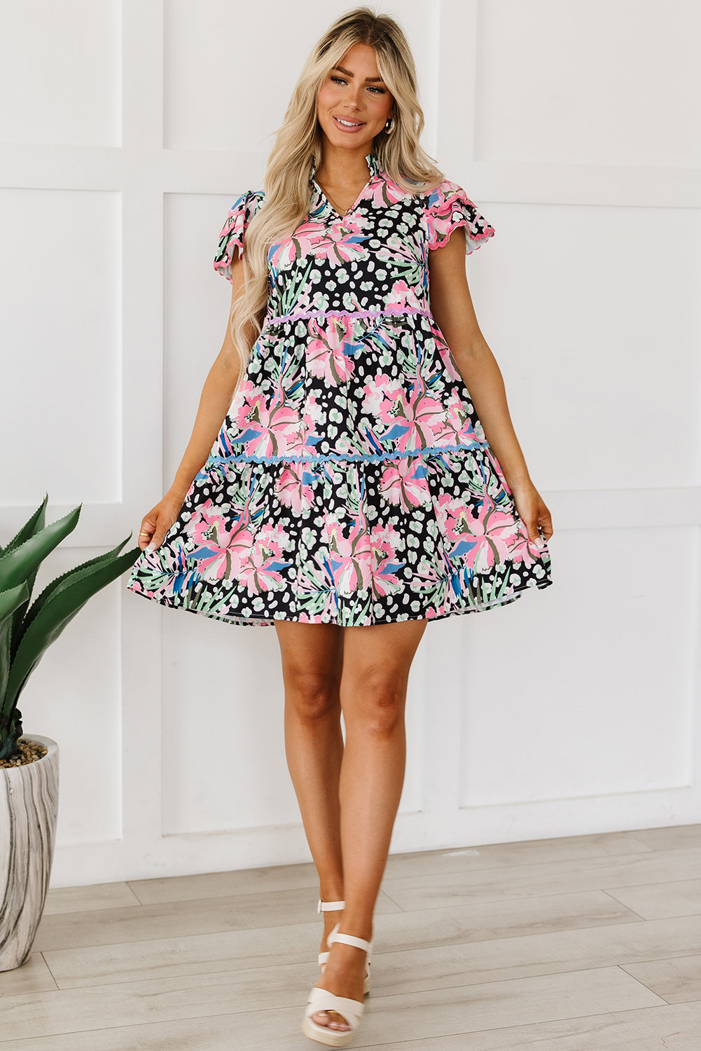 Pink Floral Ricrac Embellished Tiered Mini Dress - ThingsWeUseAndLove 