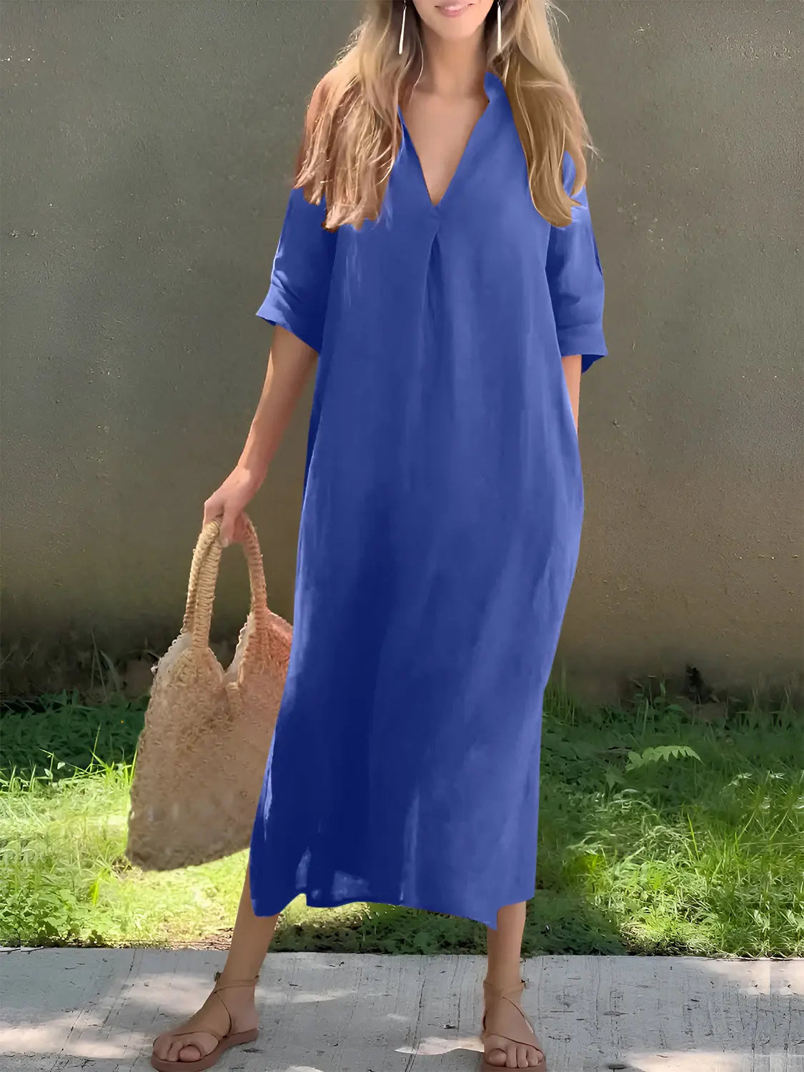 Symone Size Inclusive Notched Half Sleeve Midi Dress - ThingsWeUseAndLove Royal-Blue-3XL