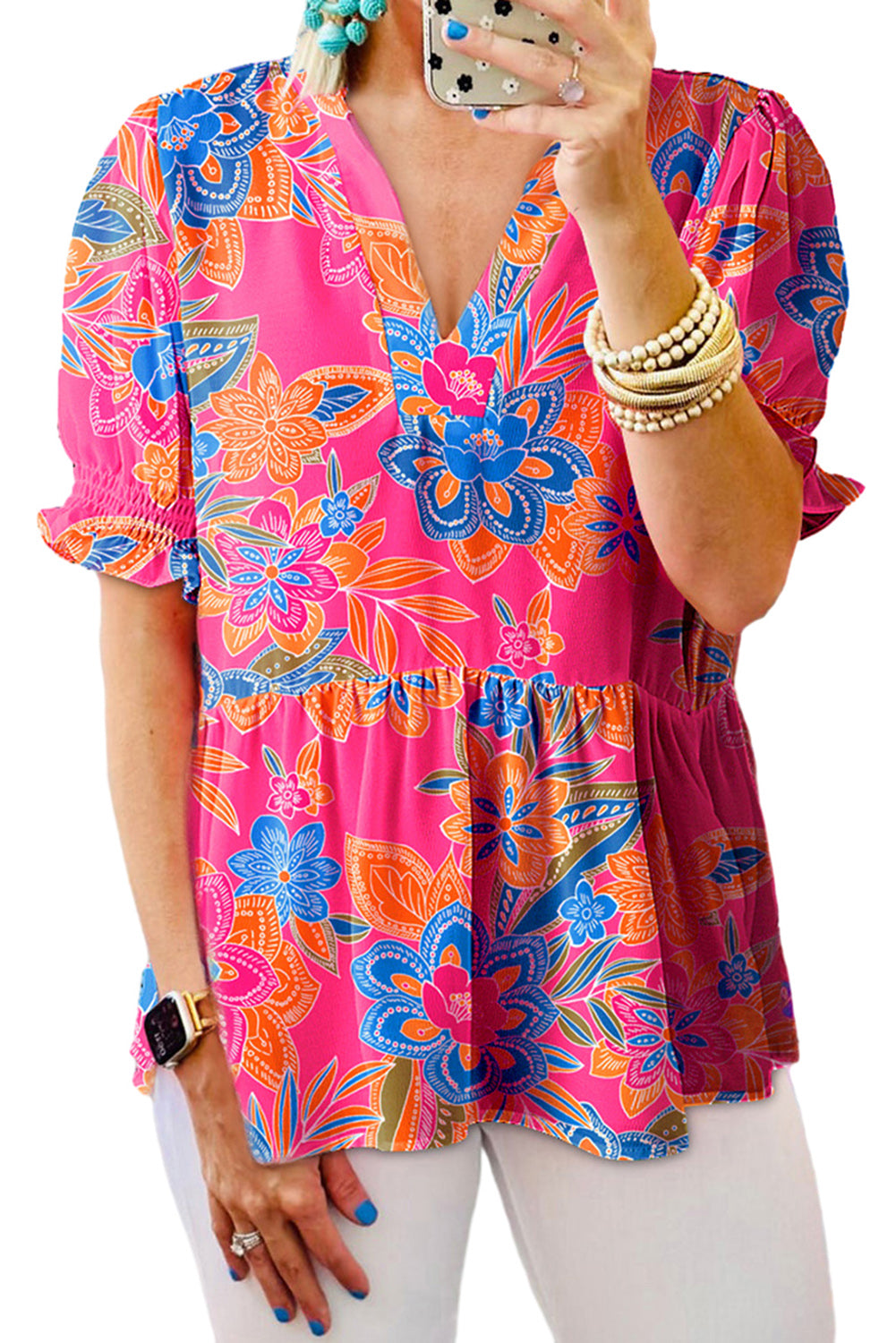 Rose Abstract Print Smocked Puff Sleeve V Neck Blouse - ThingsWeUseAndLove 