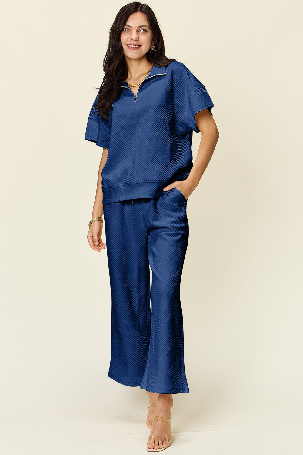 Texture Half Zip Short Sleeve Top and Pants Set - ThingsWeUseAndLove Royal-Blue-3XL