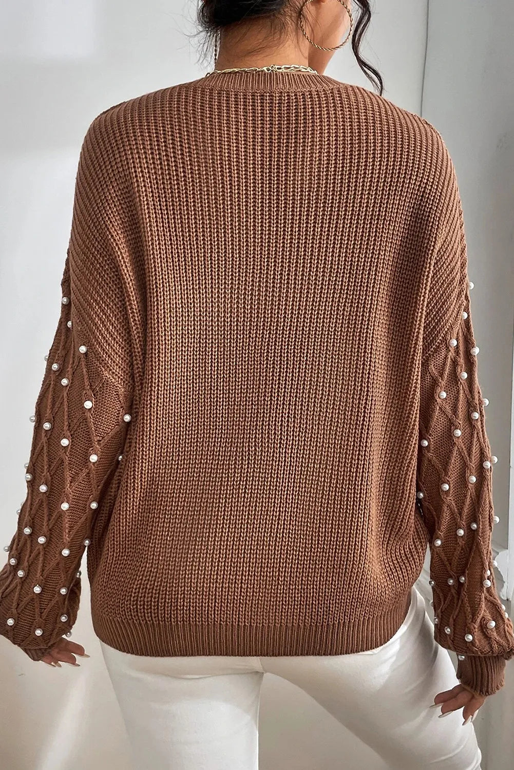 Round Neck Pearl Detail Long Sleeve Chocolate Brown Sweater