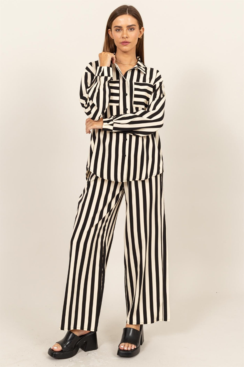 Kyleigh Striped Button Up Shirt and Pants Set - ThingsWeUseAndLove Black-L