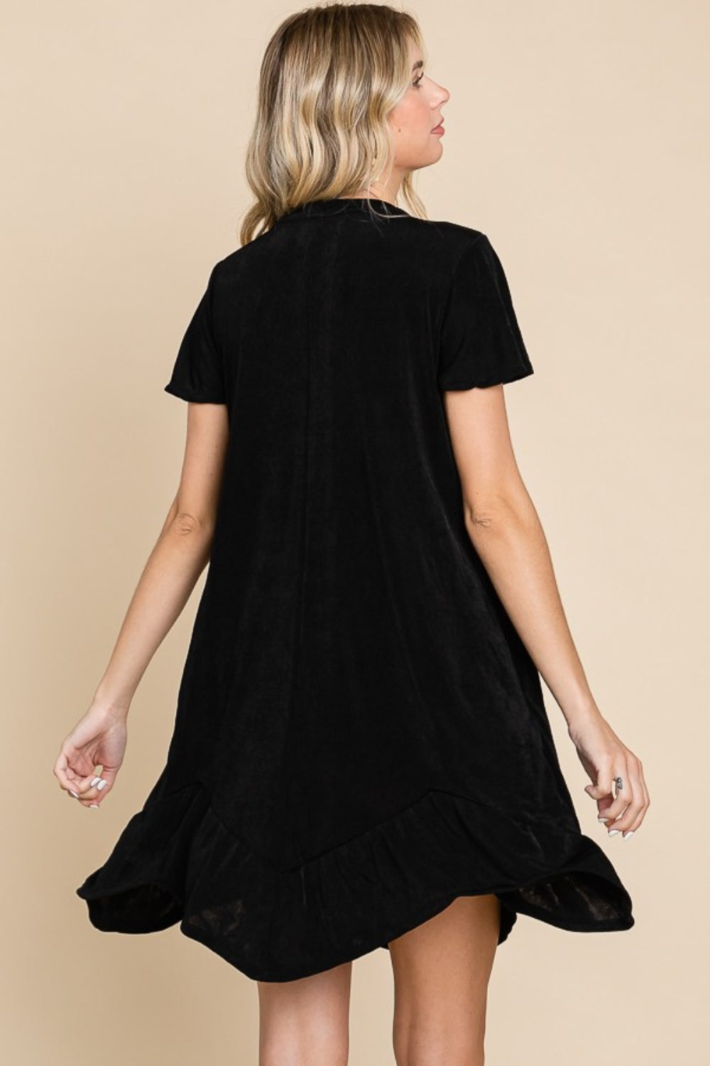 Simple Elegant Black Short Sleeve Ruffled Asymmetric Hem Dress - ThingsWeUseAndLove 