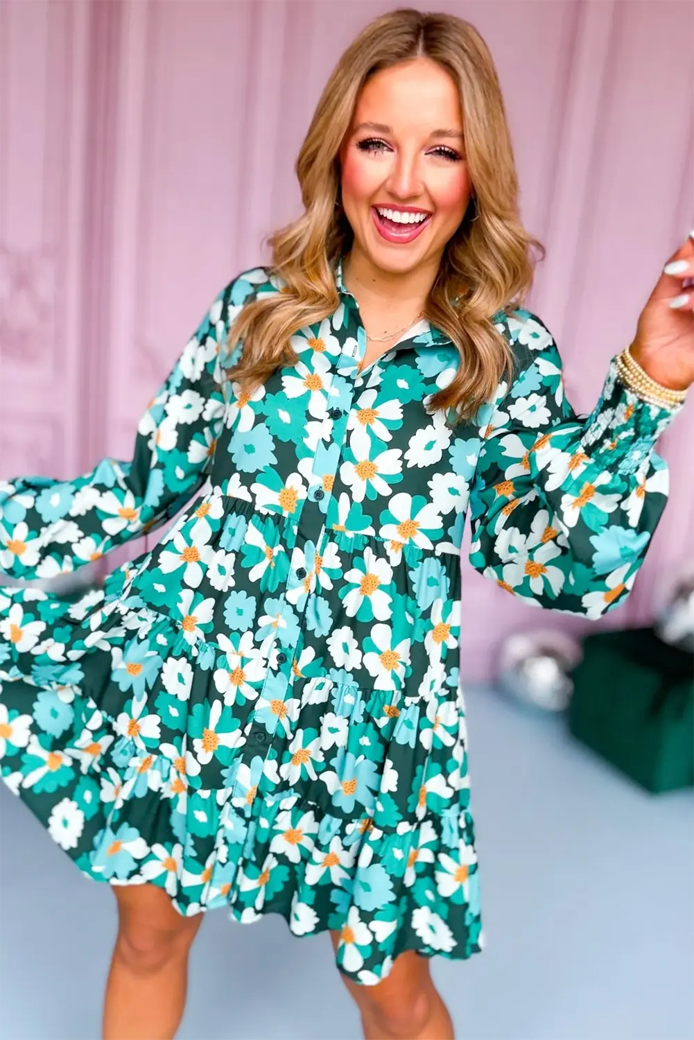 Blackish Green Flower Print Smocked Cuffs Tiered Mini Dress - ThingsWeUseAndLove 