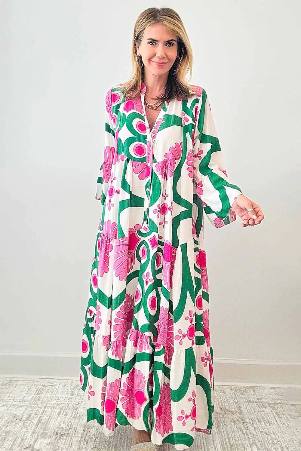 Oversized Pink Boho Abstract Button V Neck  Maxi Dress - ThingsWeUseAndLove 