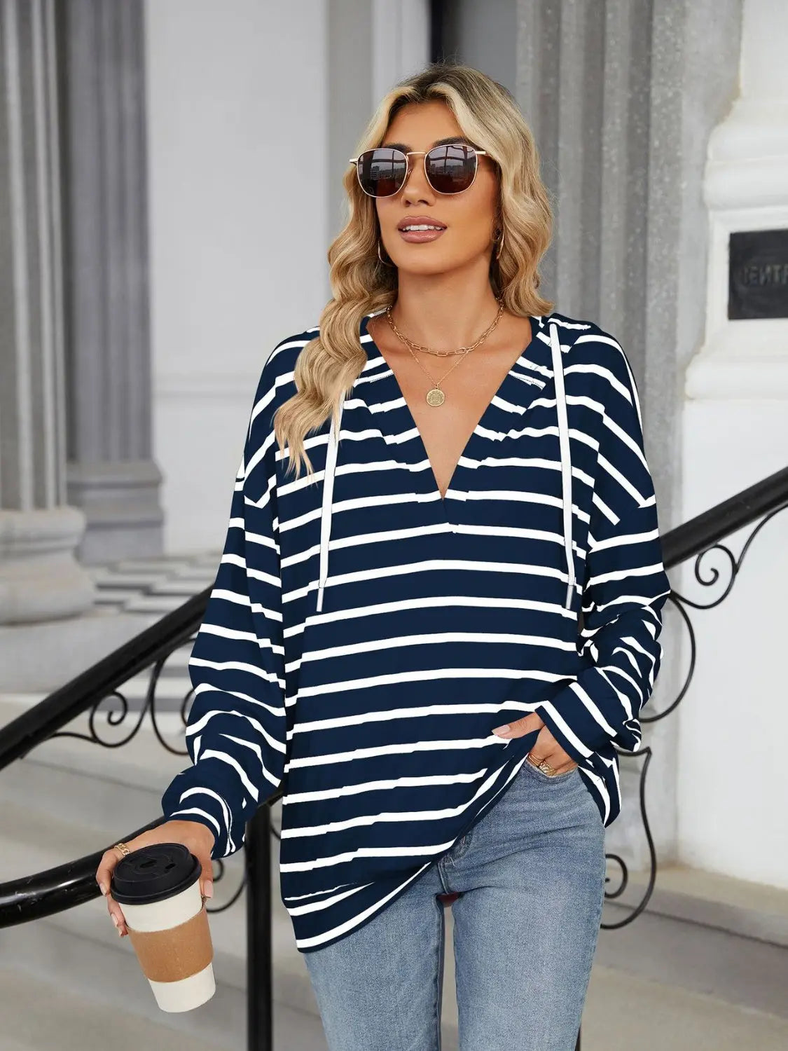 Drawstring Striped Long Sleeve Hoodie - ThingsWeUseAndLove Dark-Navy-2XL