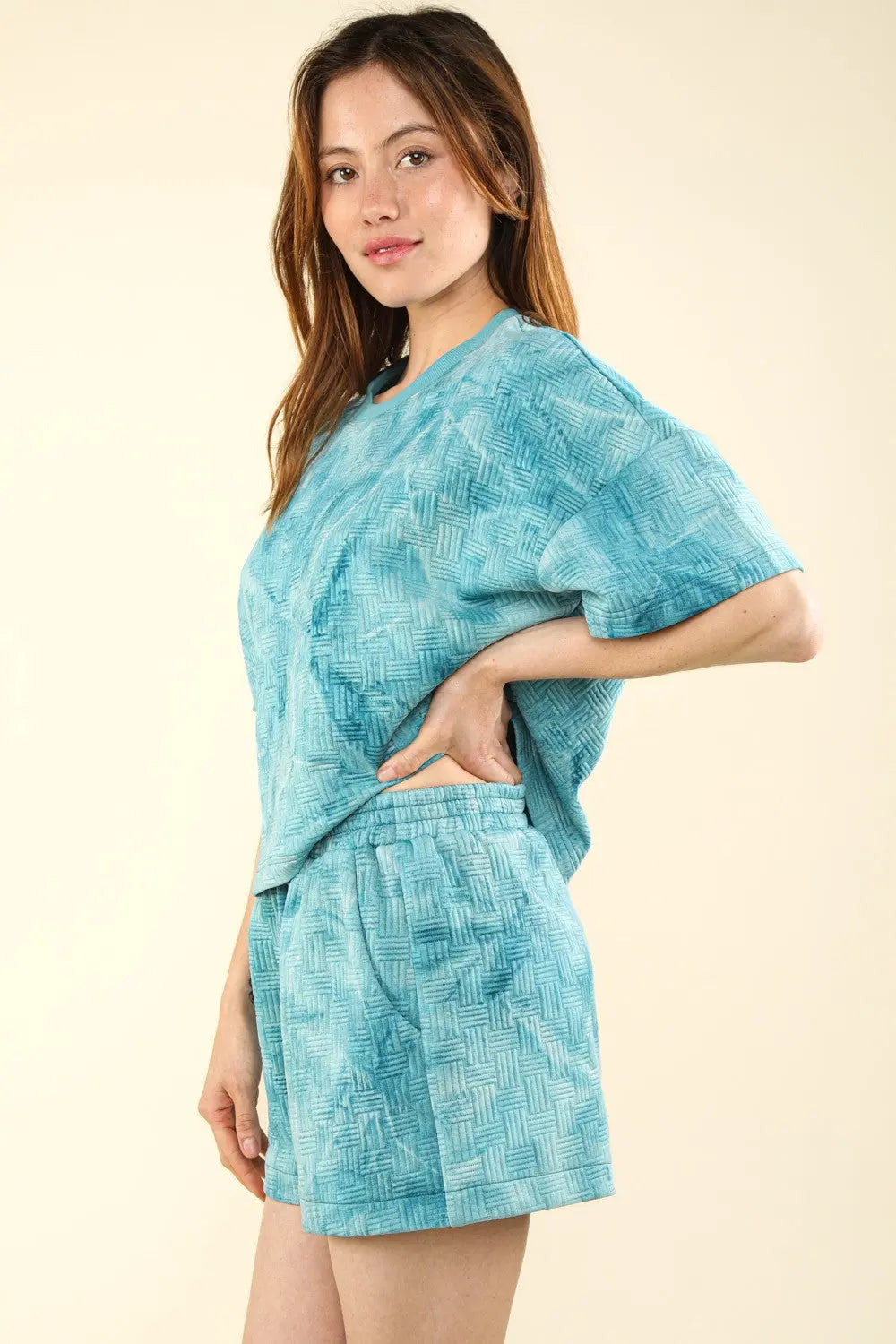 Indira Teal Quilted Washed Crop Top and Shorts Set - ThingsWeUseAndLove 