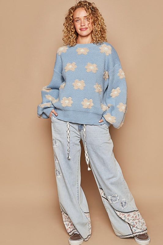 Daisy Pattern Drop Shoulder Sweater - ThingsWeUseAndLove 