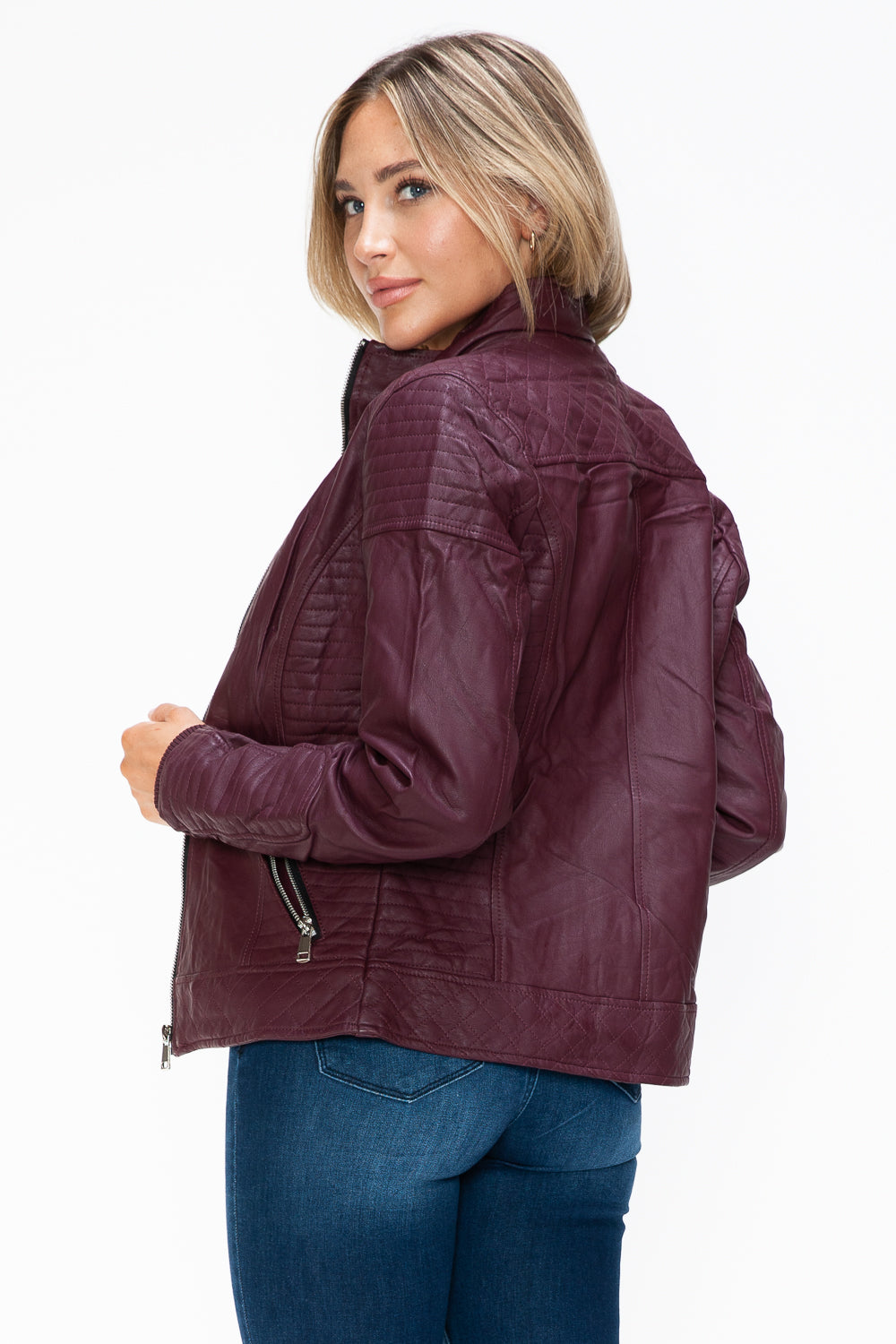 Faux Layered Double-Zipper Jacket with Fuzzy Hood