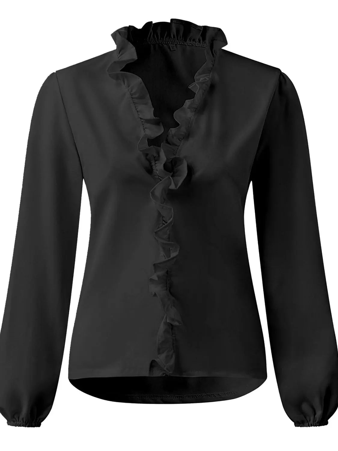 Full Size Ruffled V-Neck Long Sleeve Blouse - ThingsWeUseAndLove Black-5XL