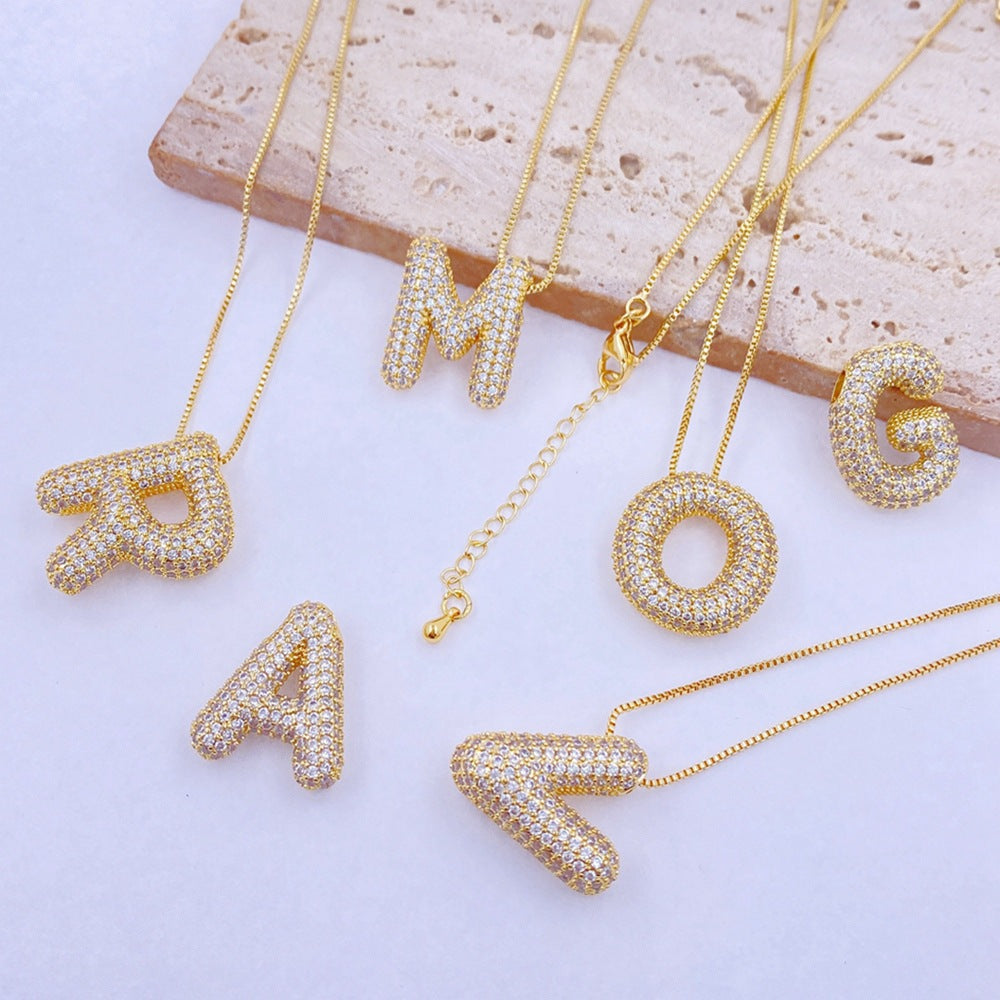 Inlaid Zircon Bubble Initial Necklace - ThingsWeUseAndLove 