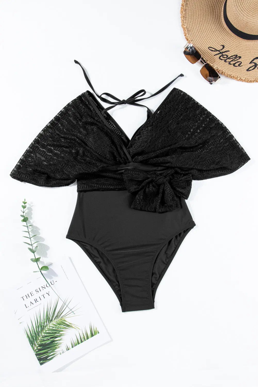 One Piece Black Lace Patchwork Short Sleeve V Neck Swimsuit - ThingsWeUseAndLove 