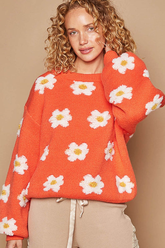 Daisy Pattern Drop Shoulder Sweater - ThingsWeUseAndLove Sun-Orange-L