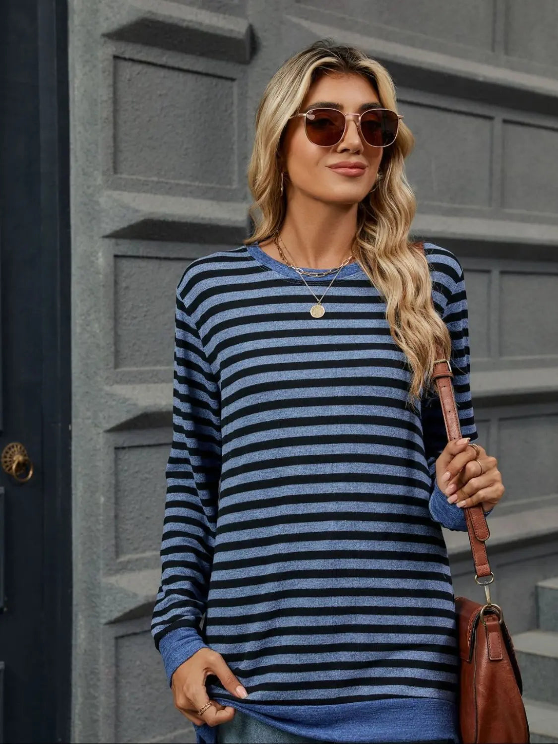 Striped Round Neck Long Sleeve T-Shirt - ThingsWeUseAndLove Peacock-Blue-2XL