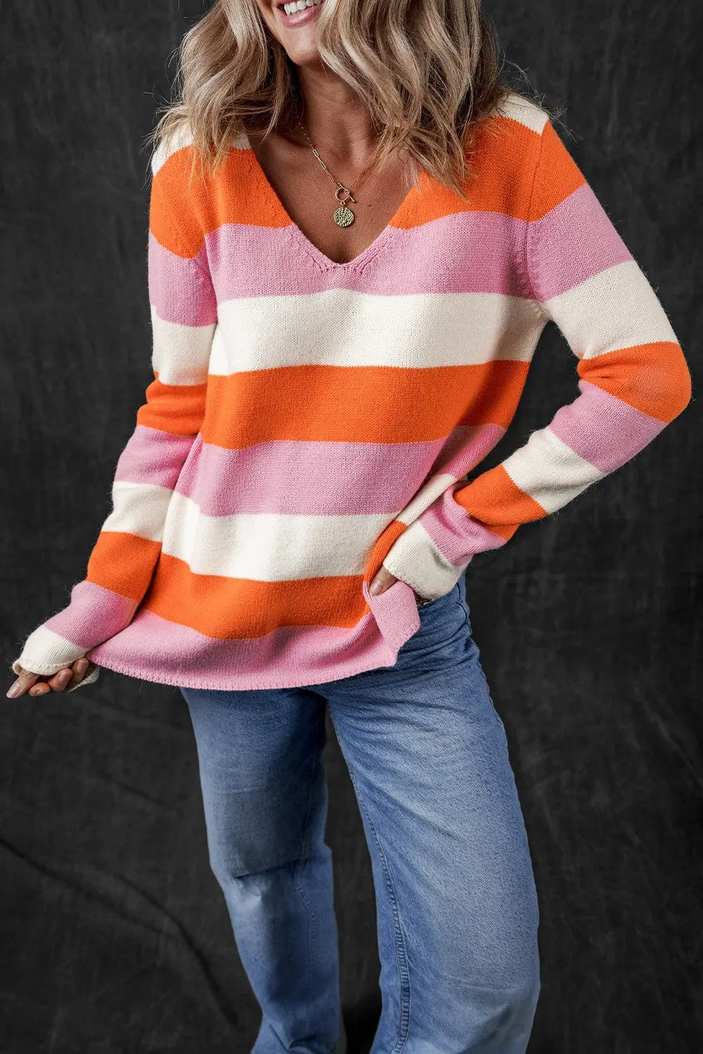 Tamara Color Block V-Neck Long Sleeve Sweater - ThingsWeUseAndLove 