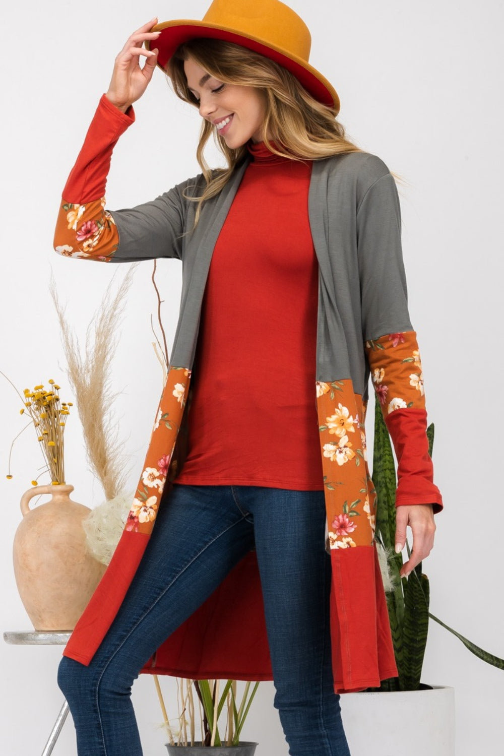 Floral Color Block Olive/Rust Open Front Cardigan - ThingsWeUseAndLove 