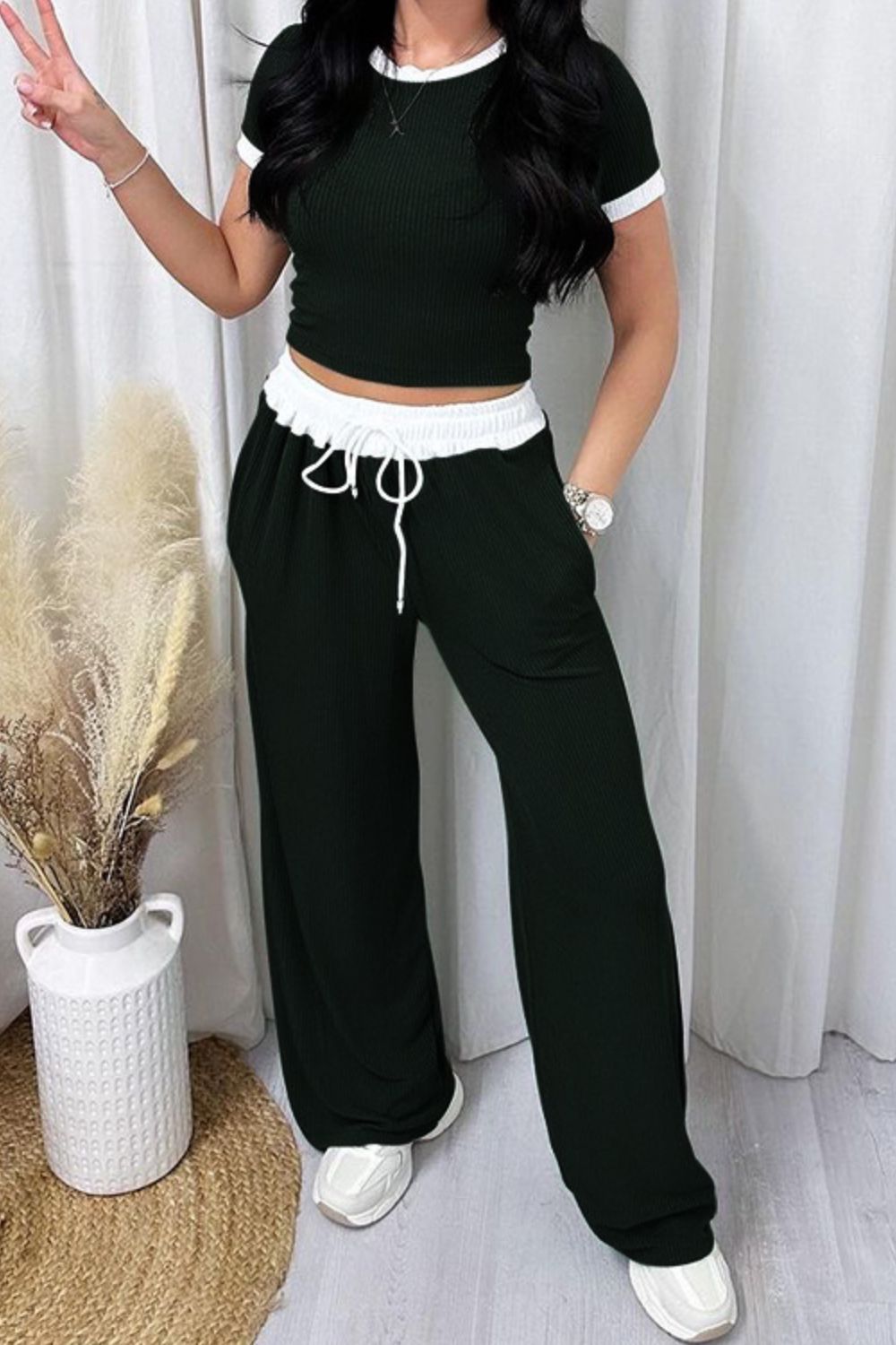 Contrast Trim Round Neck Top and Pants Set - ThingsWeUseAndLove 