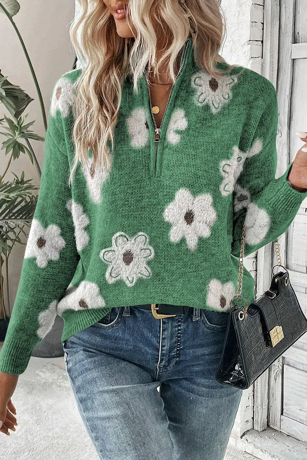 Pink Vintage 60s Floral Pattern Half Zip Collar Drop Shoulder Sweater - ThingsWeUseAndLove Green-2XL