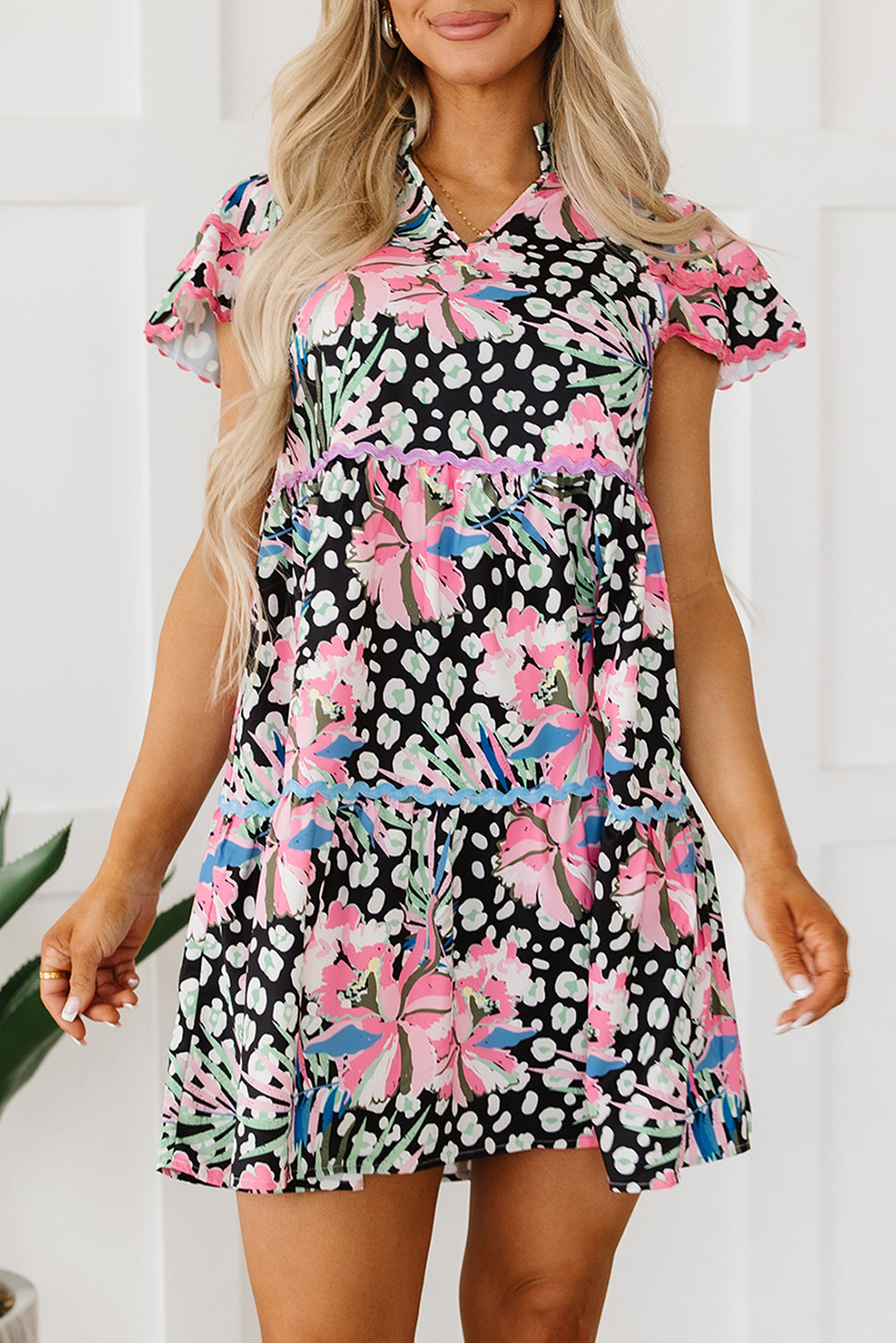 Pink Floral Ricrac Embellished Tiered Mini Dress - ThingsWeUseAndLove 