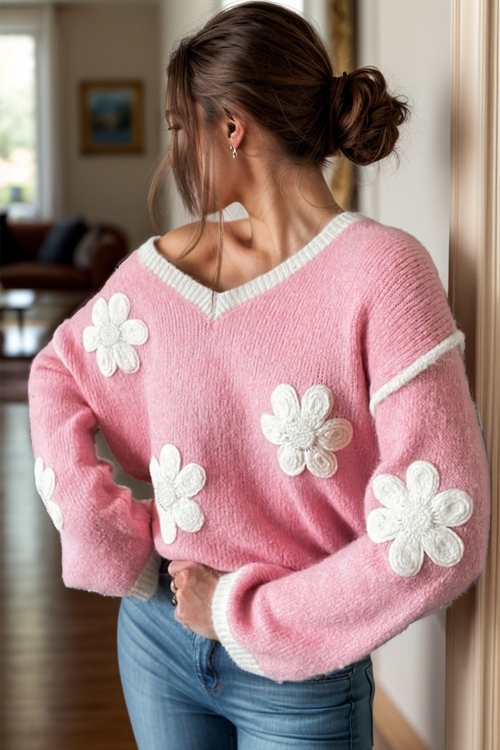 Meara V-Neck Dropped Shoulder Flower Sweater - ThingsWeUseAndLove Blush-Pink-XL