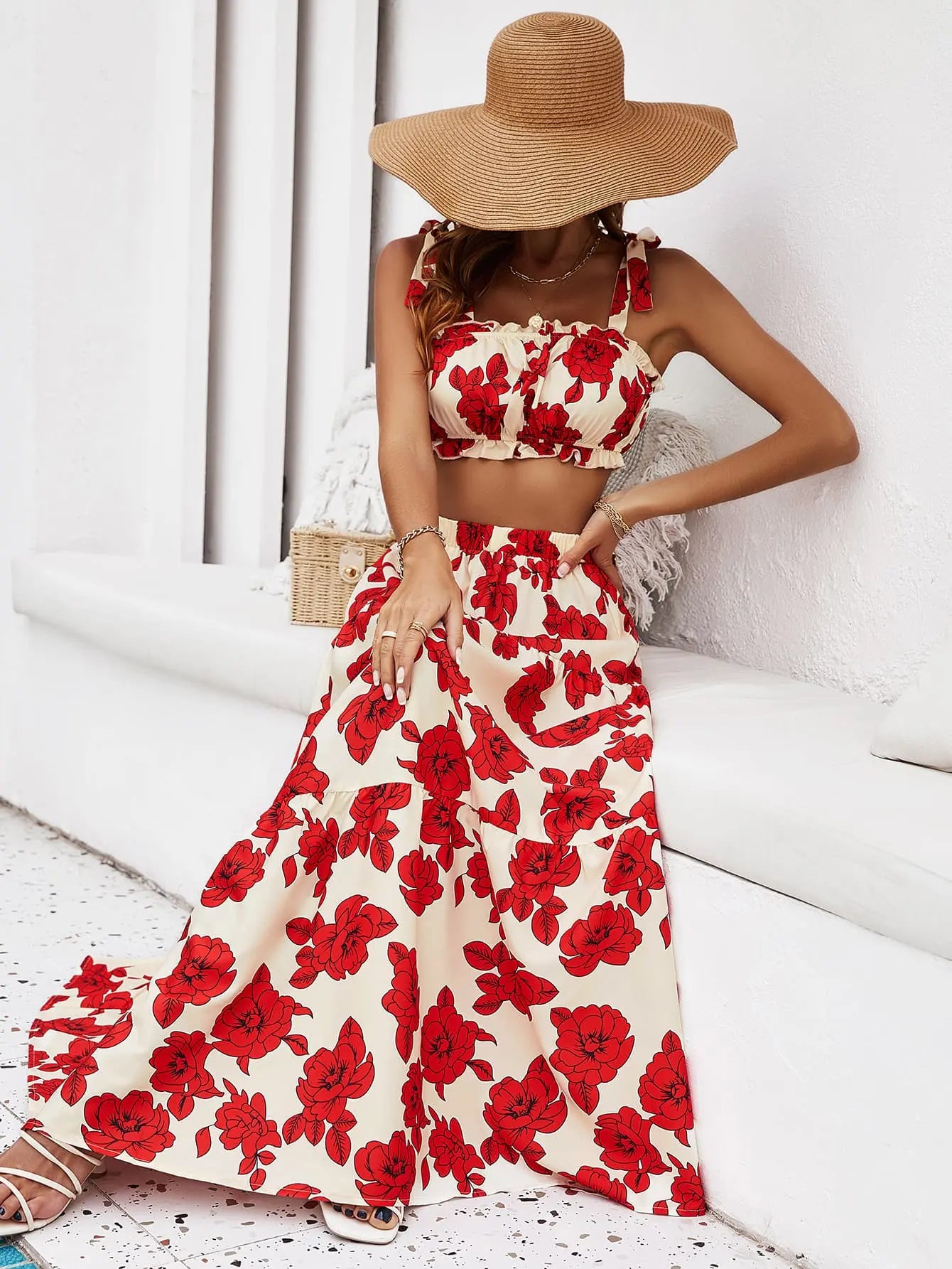 Floral Tie Shoulder Top and Tiered Maxi Skirt Set - ThingsWeUseAndLove 