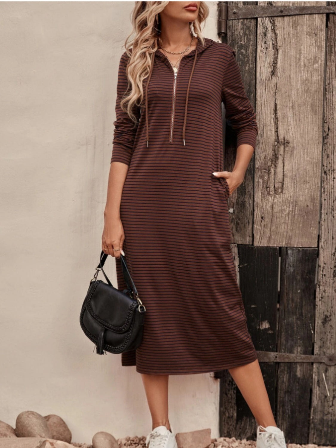 Striped Zip Front Hooded Dress - ThingsWeUseAndLove 