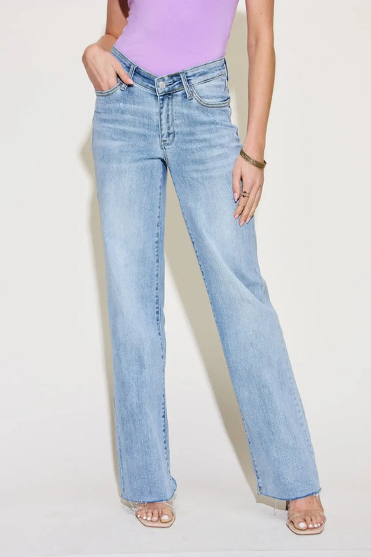 Justine Judy Blue Size Inclusive V Front Waistband Straight Jeans - ThingsWeUseAndLove Light-24W