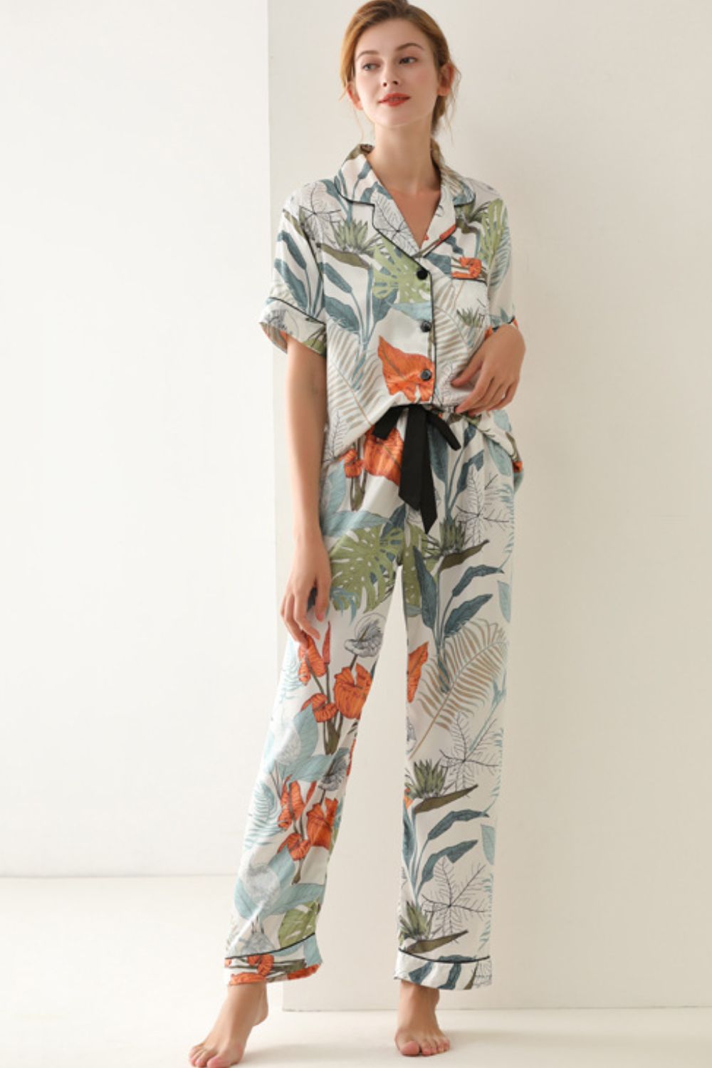 Botanical Print Button-Up Top and Pants Pajama Set - ThingsWeUseAndLove Mutil-XL