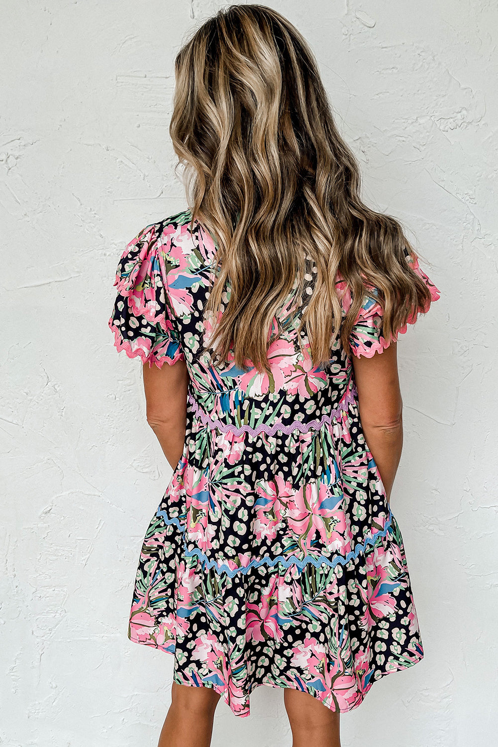 Pink Floral Ricrac Embellished Tiered Mini Dress - ThingsWeUseAndLove 